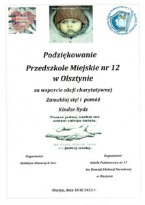 Podziękowanie dla PMnr 12 w Olsztynie za wsparcie akcji charytatywnej "Zamelduj się ! i pomóż kindze Rydz"