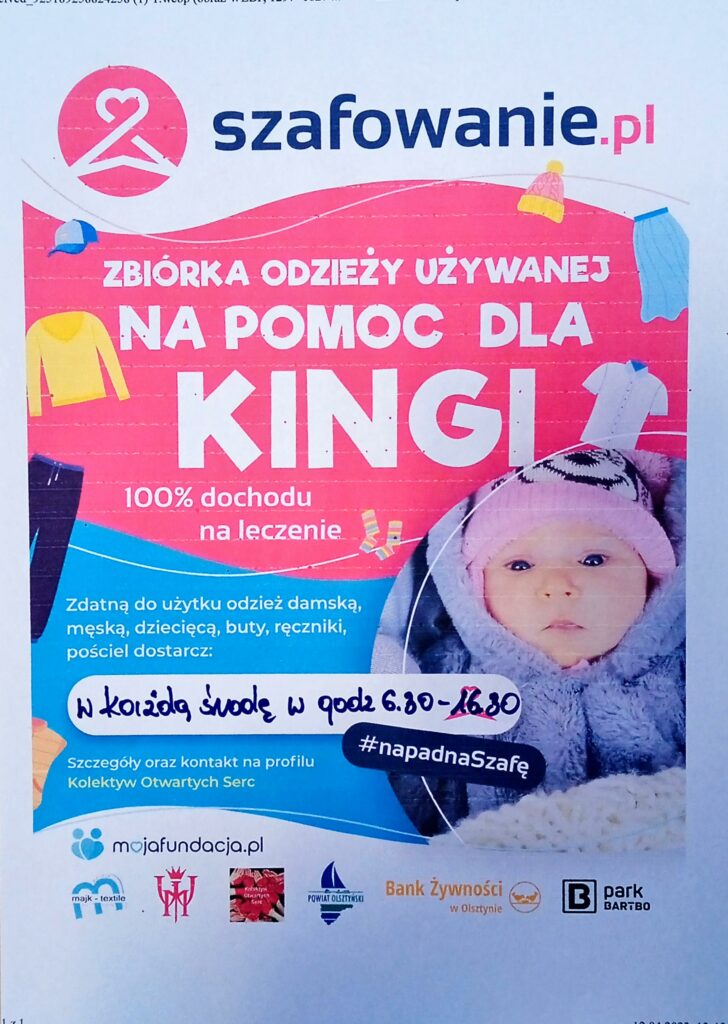 Plakat informacyjny. Zbiórka odziezy używanej "Na pomoc dla Kingi Rydz".