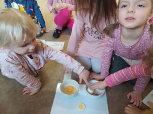 Dzieci sprawdzają z czego składają się kurze jajka