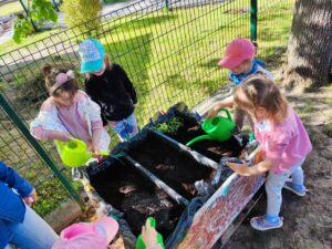 Dzieci z konewkami, podlewające posiane warzywa.