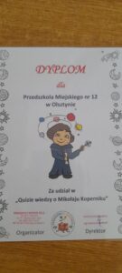Dyplom dla Przedszkola Miejskiego nr 12 w Olsztynie-Mikołaj Kopernik -układ słoneczny