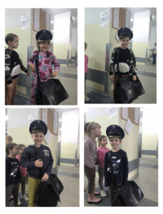 Kolaż 4 zdjęć. Na każdym dziecko w czapce i z torbą listonosza.