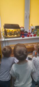 Dzieci oglądające rybki w akwarium.