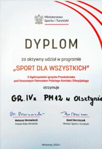 Dyplom za aktywny udział w programie "Sport dla wszystkich"