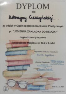 Dyplom za udział w Ogólnopolskim Konkursie Plastycznym "Jesienna zakładka do książki" 