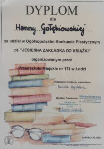 Dyplom za udział w Ogólnopolskim Konkursie Plastycznym "Jesienna zakładka do książki" 