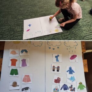 Dziewczynka przyklejająca na płytę kartonową ilustrację z elementem garderoby.