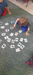 Chłopiec dopasowuje obrazki postaci z bajek do ich cieni.
