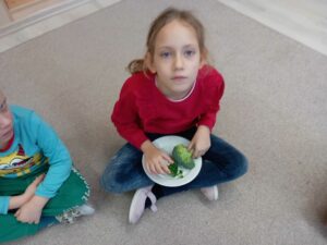 dziewczynka trzyma talerzyk z brokułem