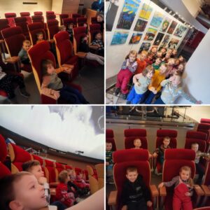 Grupa dzieci w olsztyńskim planetarium na projekcji "Myszki i Księżyc".