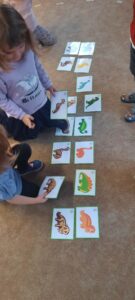 Dzieci stoją na dywanie kładąc szkielet dinozaura pod obrazkiem dinozaura 