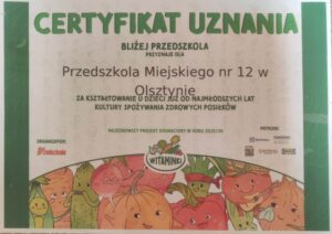 Certyfikat za udział w Projekcie "Witaminki"