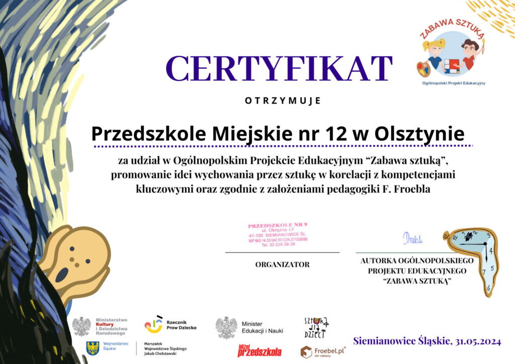 Certyfikat za udział w projekcie "Zabawa Sztuką"