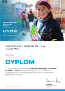 Dyplom za udział w Kampanii "Międzynarodowy Dzień Praw Dziecka z UNICEF"