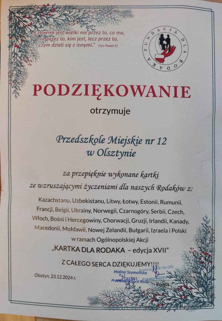 Podziękowanie za udział w akcji KARTKA DLA RODAKA 