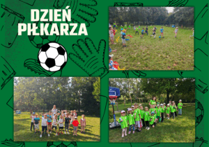Kolaż przedstawiający dzieci podczas meczu piłkarskiego w ogrodzie przedszkolnym.
