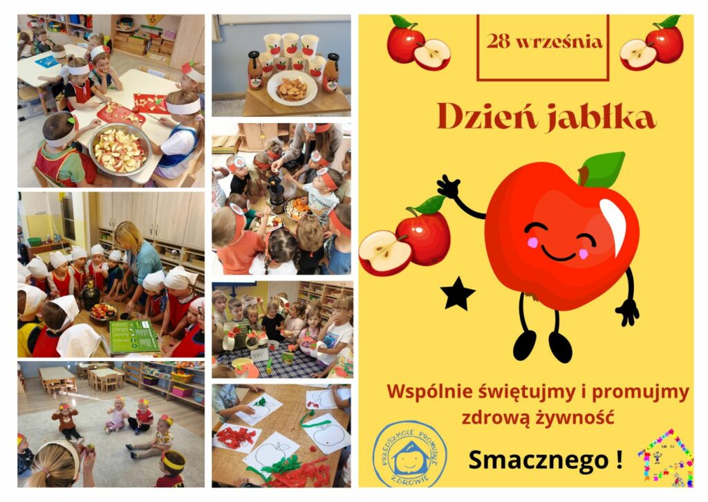Kolaż zdjęć przedstawiający plakat oraz dzieci świętujące Dzień Jabłka 