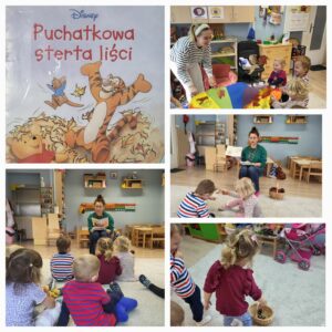 Kolaż zdjęć dzieci uczestniczących w zajęciach z Panią z Biblioteki 
