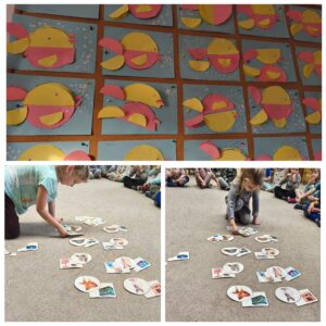 Kolaż ze zdjęciami dzieci układającymi obrazki oraz rybkami origami