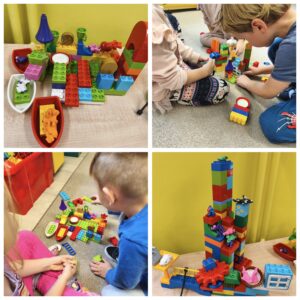 Kolaż ze zdjęciami dzieci budującymi z klocków LEGO i zdjęciami wytworów dzieci