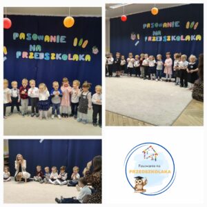 Kolaż zdjęć przedstawiający dzieci w trakcie uroczystości pasowania na przedszkolaka