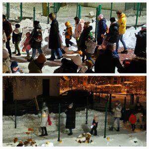 Kolaż zdjeć dzieci i rodziców uczestniczący w uroczystości św. Marcina