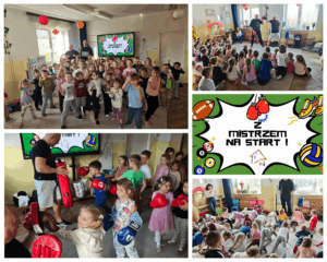 Kolaż zdjęć z warsztatów bokserskich w przedszkolu