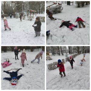 Kolaż ze zdjęciami dzieci bawiącymi się w śniegu