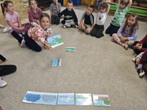 Grupa dzieci układająca w kolejności etapy cyklu hydrologicznego