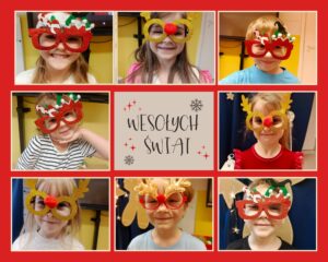 Kolaż zdjęć, dzieci w okularach ze świątecznym motywem.