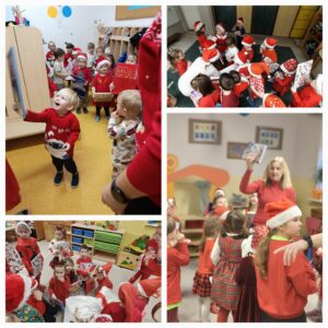 Kolaż zdjęć dzieci szukających prezentów od św. Mikołaja