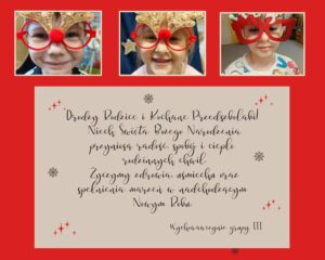 Kolaż zdjęć, dzieci w okularach ze świątecznym motywem. Życzenia świąteczne.