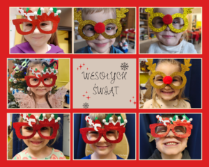 Kolaż zdjęć, dzieci w okularach ze świątecznym motywem.