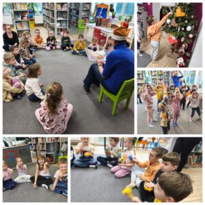 Kolaż ze zdjęciami dzieci w bibliotece